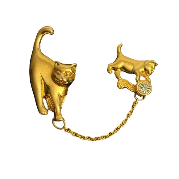 Avon Mama Cat‎ & Kitten Chatelaine Brooch Signed Vintage - Picture 3 of 5